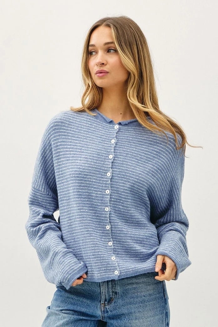 Things Between Cardigan - Piper Pin Stripe Dusty Blue (TBW14551)