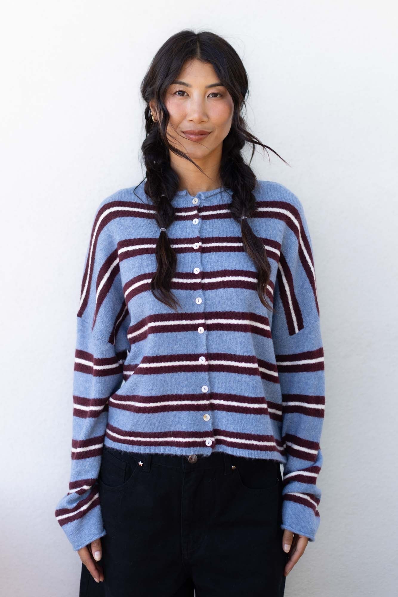 Things Between Cardigan - Piper Varsity Stripe - Dusty Blue (TBW14574)