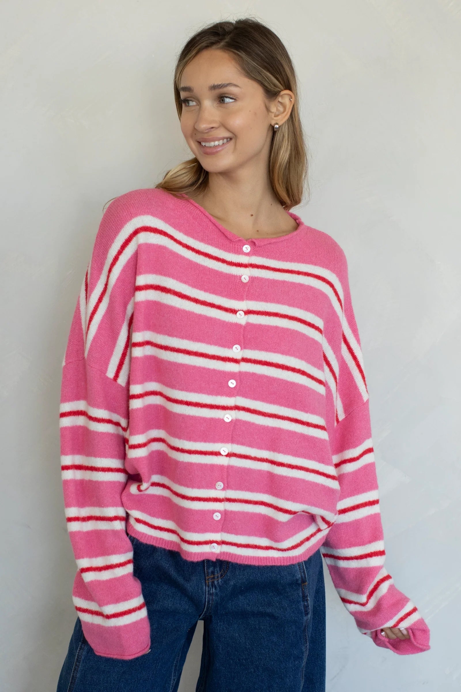 Things Between Cardigan - Piper Varsity Stripe - Rose (TBW14574)