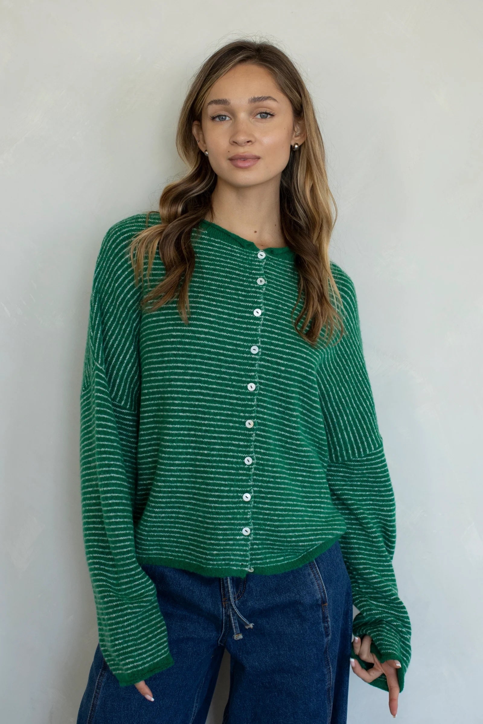 Things Between Cardigan - Piper Pin Stripe Kelly Green (TBW14551)